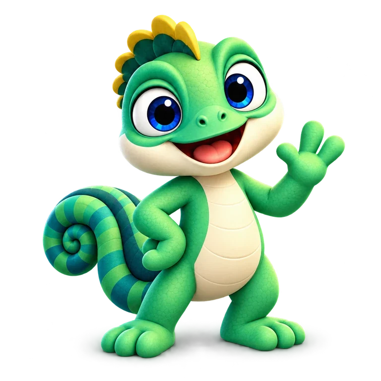Compy, Kanumy’s green chameleon, gives you a friendly wave.