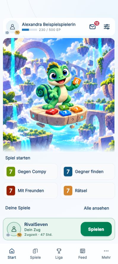 Kanumys Startseite mit Compy, vier Spielmöglichkeiten und einer Partie, in der du am Zug bist.